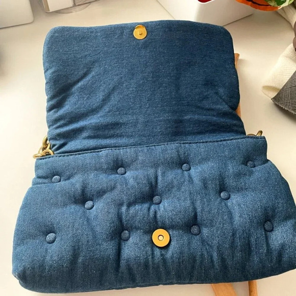 Zara Quilted Padded Blue Denim Shoulder  Bag Purse Chunky Gold Chain Handle - Picture 11 of 13